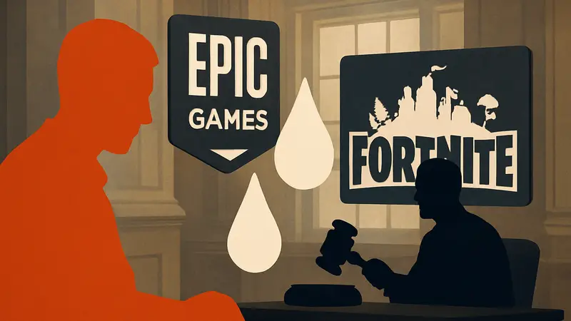 Логотип Epic Games и Fortnite, символ утечек информации и суда