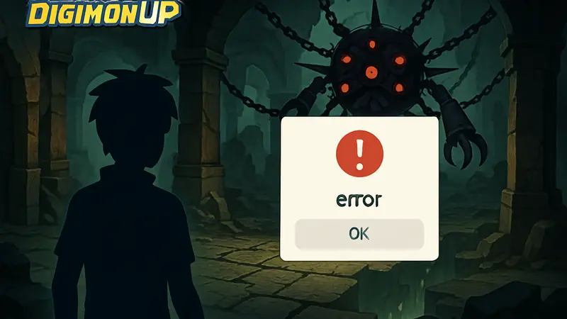 Скриншот из игры Digimon UP с изображением подземелья Апокалимона и возможным сообщением об ошибке.