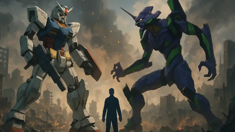 Эпичная битва гигантских роботов из аниме Gundam и Neon Genesis Evangelion.