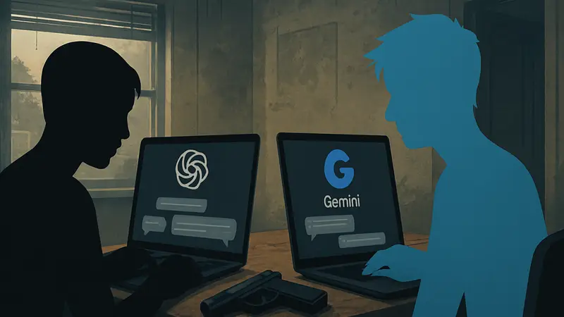 Изображение интерфейсов чат-ботов ChatGPT и Gemini, символизирующее их участие в опасных диалогах с подростками.
