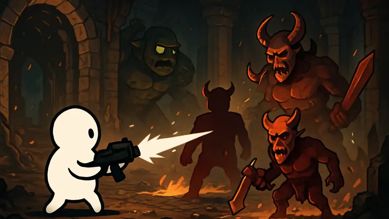 Скриншот или арт из нового рогалика, демонстрирующий смесь стилей Brotato, Doom и Diablo.