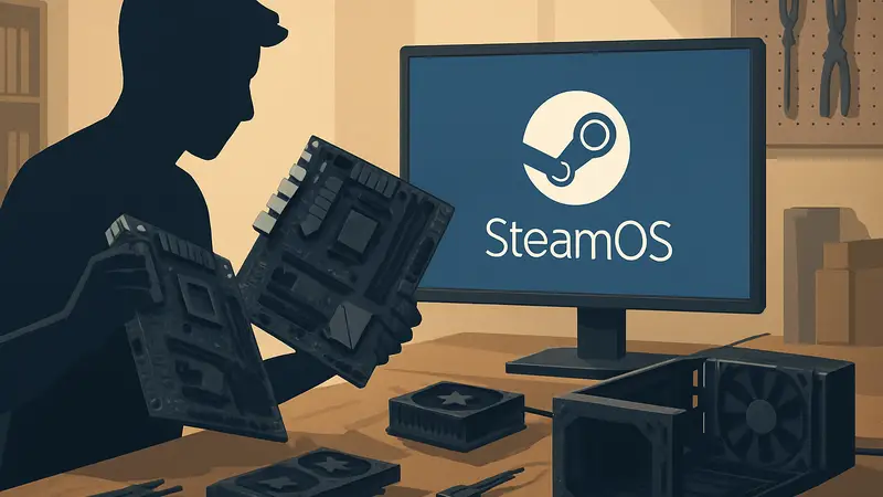 Руки, собирающие компоненты ПК, на экране отображается логотип SteamOS.