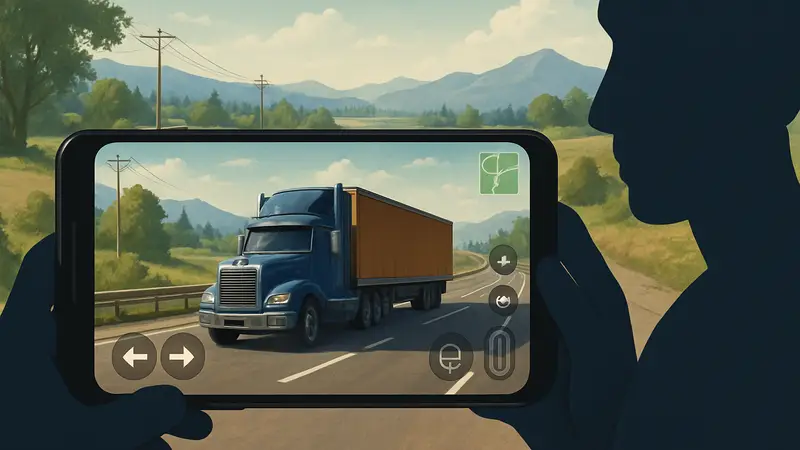 Игровой скриншот Truck Masters World Simulator, демонстрирующий грузовик на открытой дороге и элементы интерфейса на мобильном устройстве