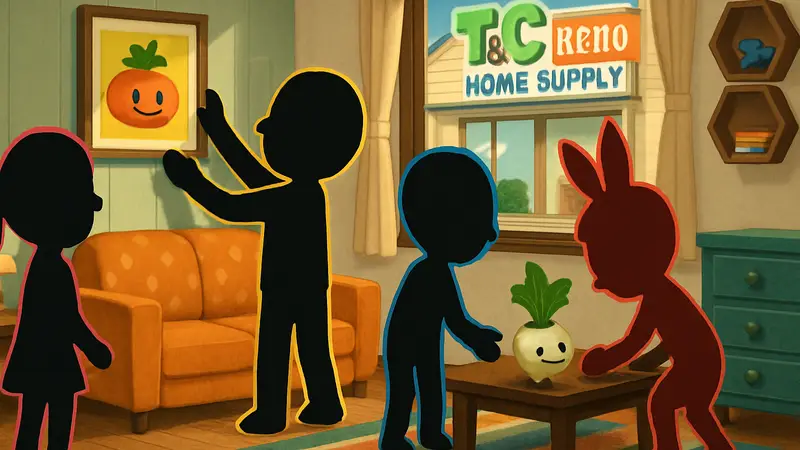 Персонажи Tomodachi Life настраивают интерьер дома с помощью товаров из магазина T&C Reno Home Supply.