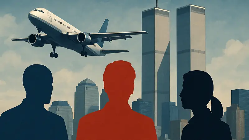 Кадр из сериала The Lone Gunmen с изображением самолёта и Всемирного торгового центра.