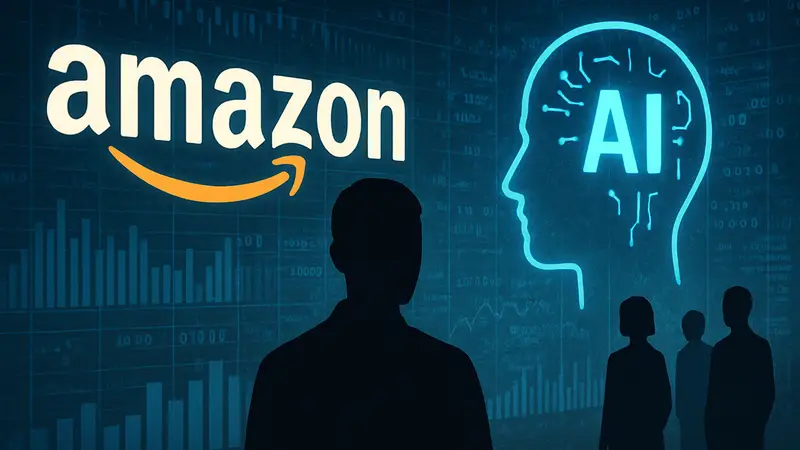 Логотип Amazon и символы искусственного интеллекта на фоне данных