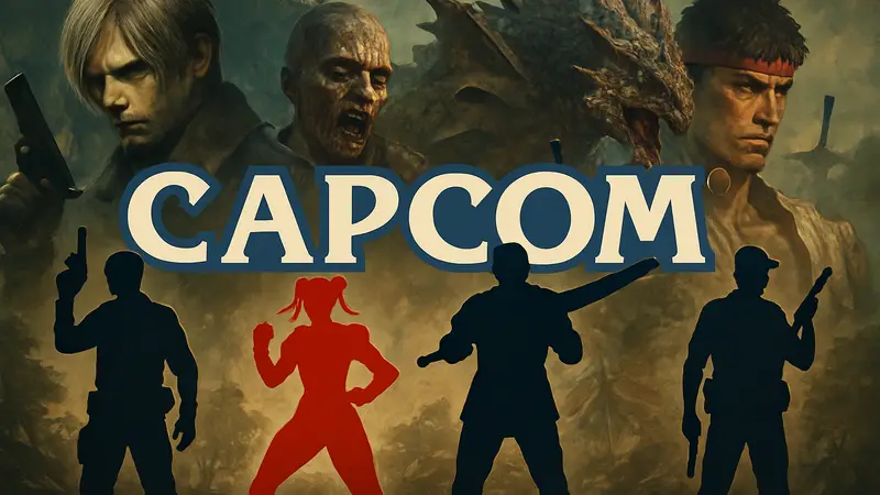 Логотип Capcom на фоне персонажей популярных игр, символизирующих успех на ПК.