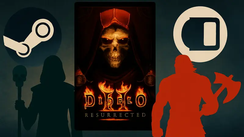 Обложка Diablo 2: Resurrected на фоне логотипов Steam и Steam Deck, с изображением некроманта и варвара.