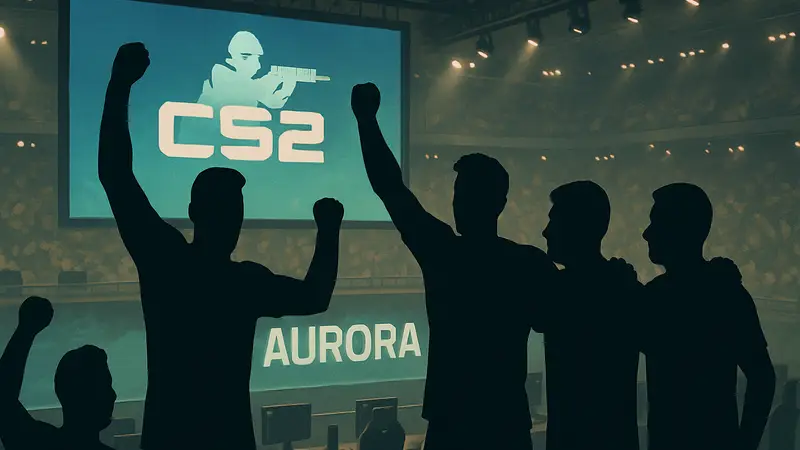 Команда Aurora празднует победу на турнире по CS2, игроки смотрят на экран.