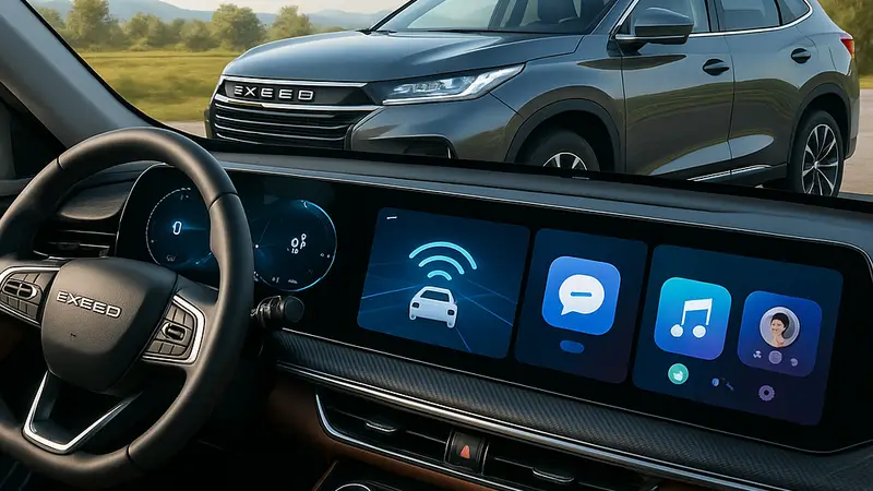 Автомобиль Exeed TXL, демонстрирующий интерьер с цифровыми сервисами и телематикой на экране.