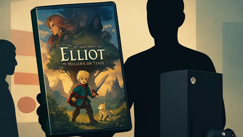Обложка игры The Adventures Of Elliot: The Millennium Tales на фоне логотипа Famitsu и консоли Xbox.
