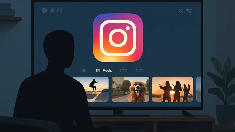 Логотип Instagram на экране телевизора с интерфейсом Google TV, показывающим Reels