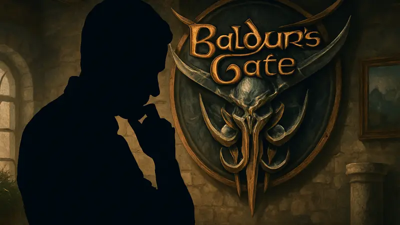 Свен Винке, глава Larian Studios, на фоне логотипа Baldur's Gate 3, размышляющий о критике.