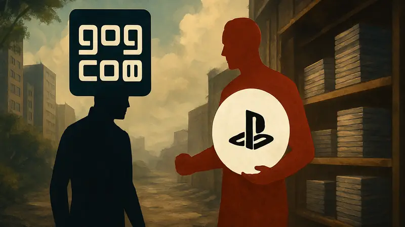 Логотип GOG и символ диска PlayStation, символизирующие противостояние между цифровым владением и физическими носителями