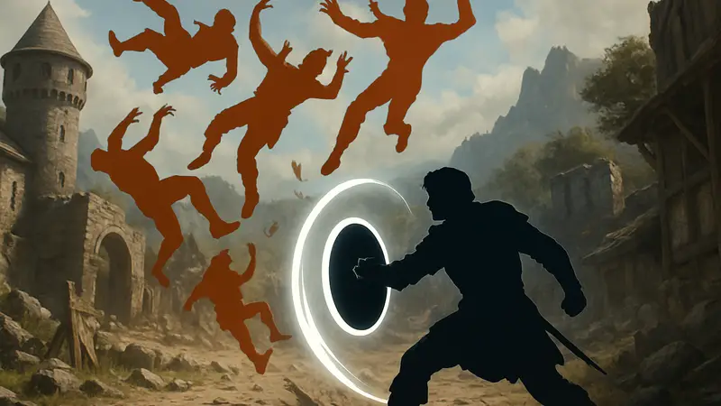 Игрок в Crimson Desert использует щит, чтобы подбросить врагов в воздух.