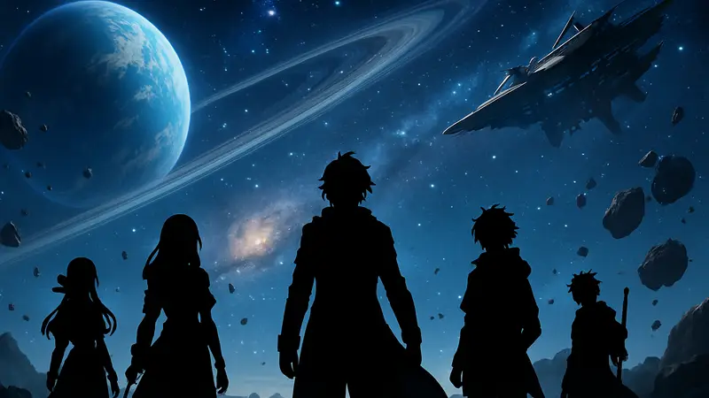 Персонажи Honkai: Star Rail на фоне космического пейзажа