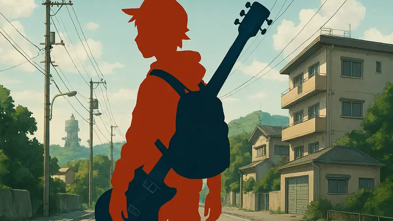 Главный герой аниме FLCL с гитарой, готовящийся к приключениям