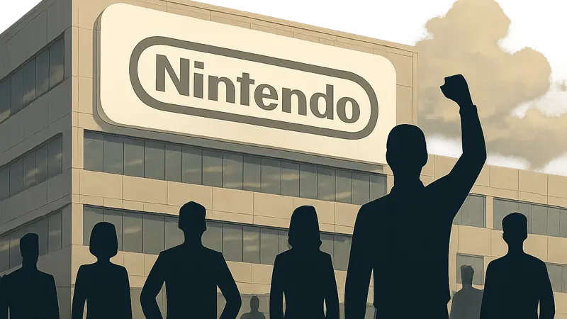 Логотип Nintendo на фоне сотрудников, символизирующий повышение зарплат в игровой индустрии.