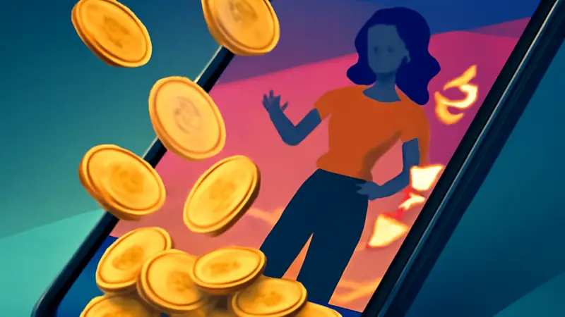 Изображение: смартфон, показывающий короткие видео, с золотыми монетами, падающими на экран, символизирующими доходы и монетизацию.