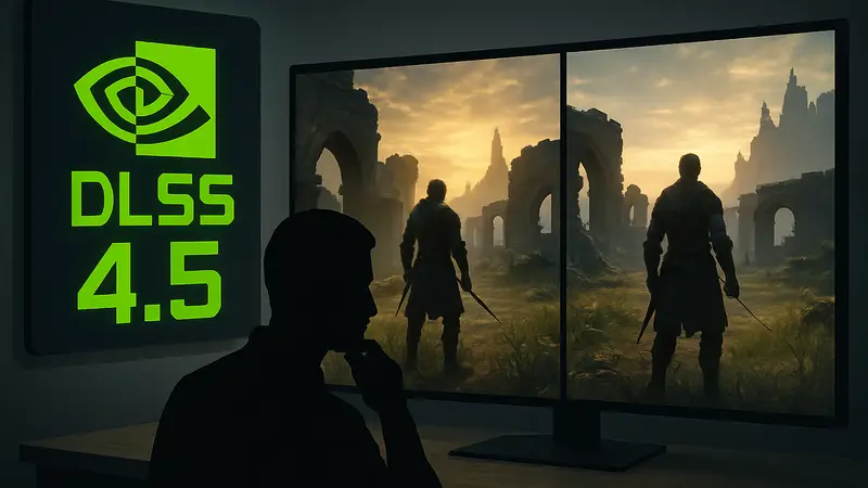 Логотип NVIDIA DLSS 4.5, сравнение графики в играх, апскейлинг, технологии