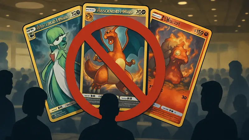 Карты Pokémon TCG из набора Ascended Heroes с перечёркнутым знаком запрета на турнире