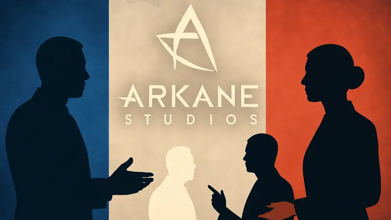 Логотип Arkane Studios на фоне французского флага, представители Microsoft и правительства Франции