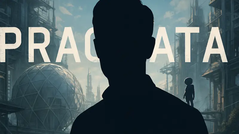 Портрет актёра Дэвида Менкина, исполнившего роль Хью в игре Pragmata, на фоне стилизованного логотипа игры