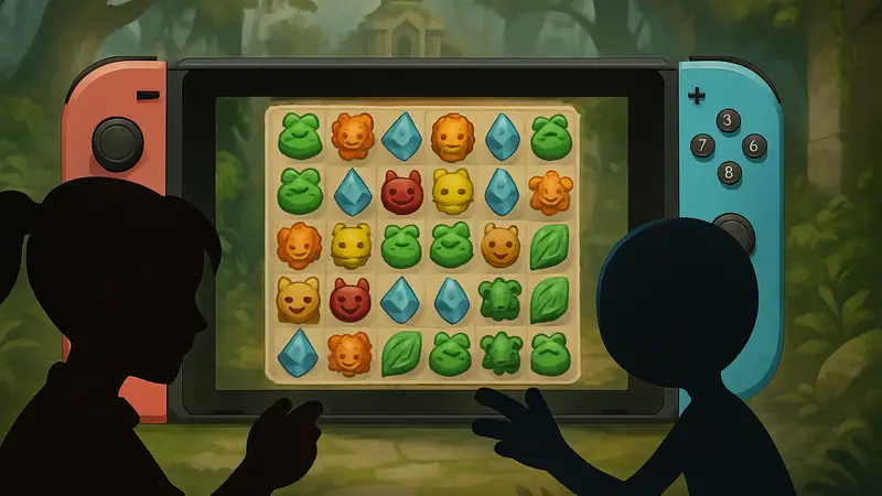Персонажи из игры Mythmatch на фоне игрового поля в стиле "три в ряд" на Nintendo Switch
