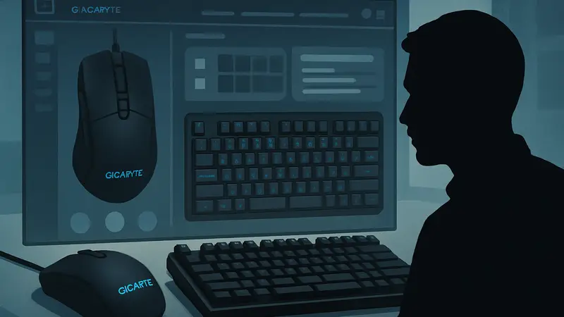 Игровая мышь и клавиатура Gigabyte с раздвоенным пробелом на фоне веб-интерфейса их программного обеспечения.