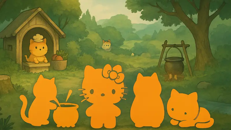 Милые котики из Cats & Soup вместе с персонажами Sanrio, такими как Hello Kitty, на игровом фоне.