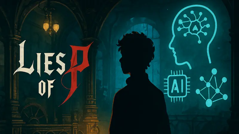 Логотип игры Lies of P и символы искусственного интеллекта, отражающие внедрение ИИ в разработку игр.