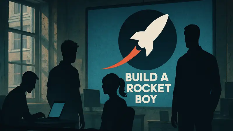 Логотип студии Build a Rocket Boy и силуэты разработчиков MindsEye под наблюдением.