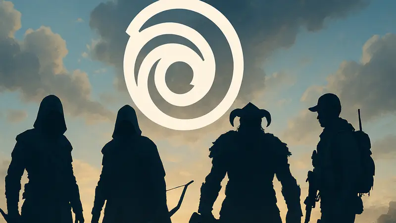 Логотип компании Ubisoft на фоне силуэтов известных игровых персонажей