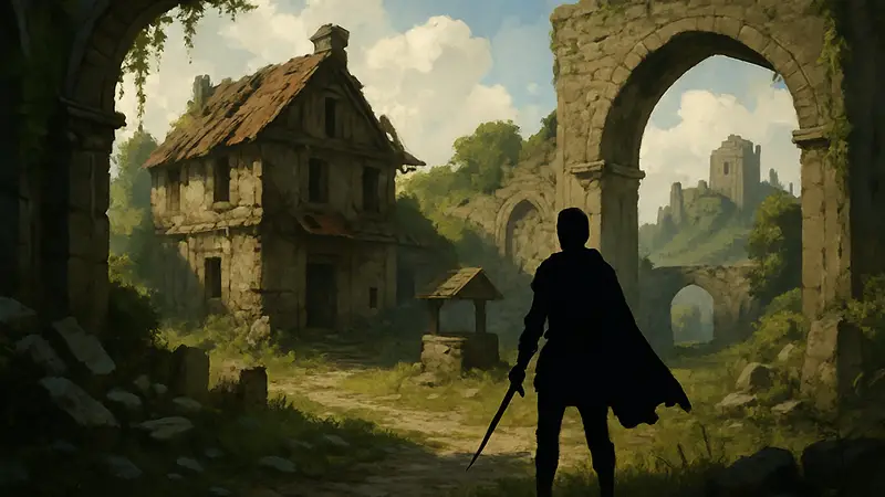 Фрагмент мира RPG с детальным окружением, рассказывающим историю