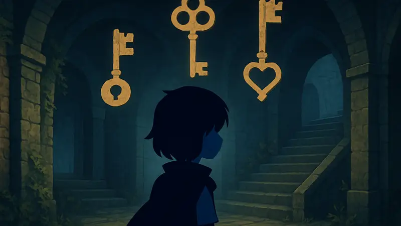 Главный герой Deltarune и ключи, парящие над ним в Главе 3