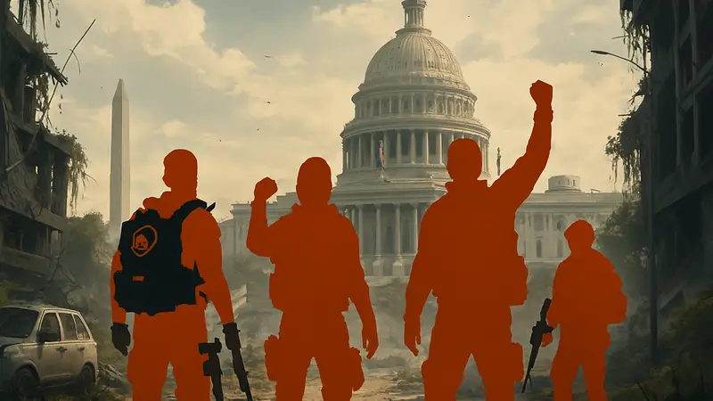 Группа агентов The Division 2 на фоне разрушенного Вашингтона, демонстрирующая активность.