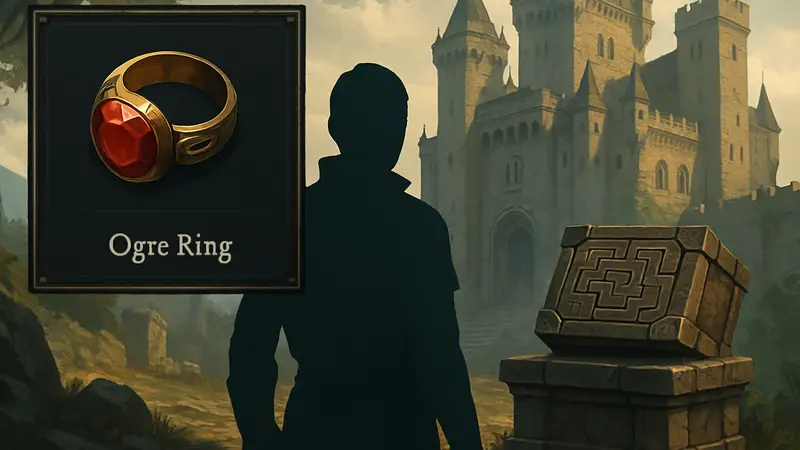 Кольцо Огра в инвентаре Crimson Desert, на фоне замка Демэнисс и сундука с головоломкой
