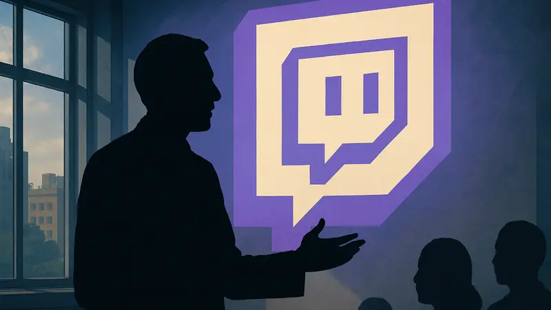 Мэр Зоран Мамдани на фоне логотипа Twitch, символ общения с горожанами онлайн.