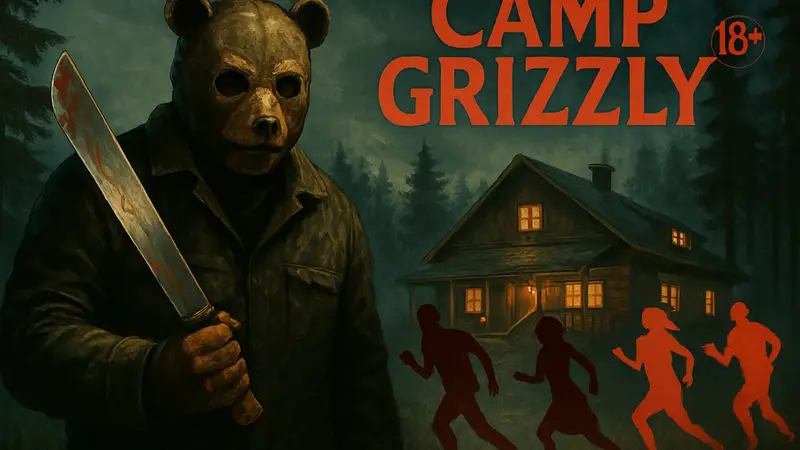 Обложка настольной игры Camp Grizzly с маньяком в медвежьей маске, 18+, хоррор