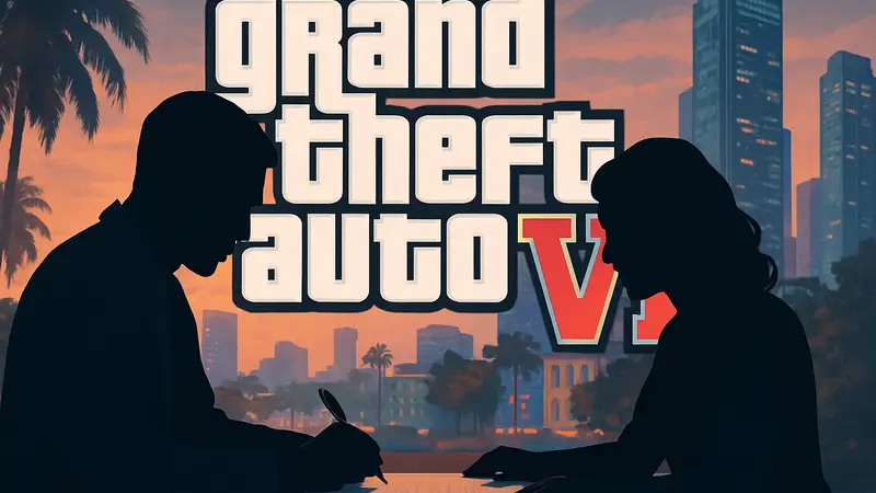 Пара, подписывающая контракт, на фоне логотипа GTA 6
