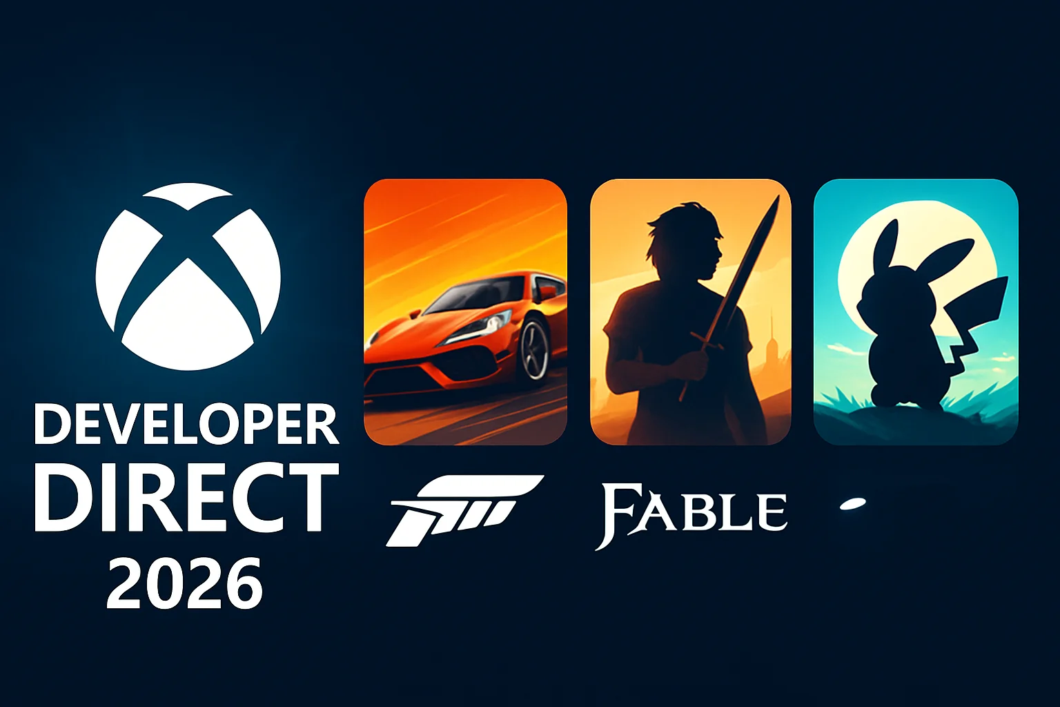 Логотип Xbox Developer Direct 2026 с иконками игр Forza Horizon, Fable и Pokémon-стилизованной RPG.