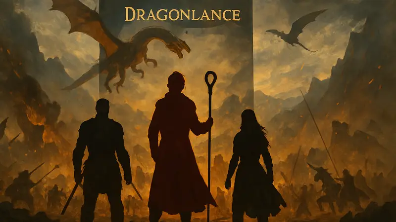 Обложка книги Dragonlance: War Wizard с изображением героев на фоне эпической битвы.