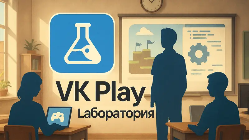 Логотип VK Play Лаборатория с элементами геймдева и студенческой тематики.