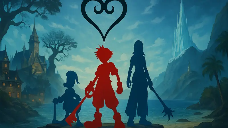 Обложка новой игры Kingdom Hearts с знакомыми героями на фоне узнаваемых миров.