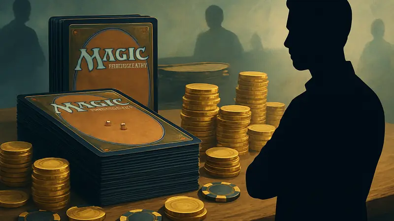 Сложенные колоды карт Magic: The Gathering на столе с золотыми монетами и фишками.