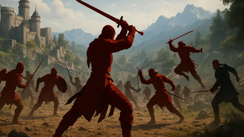 Скриншот из игры Crimson Desert, эпический бой в открытом мире.