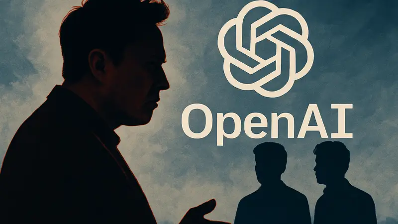 Илон Маск и логотип OpenAI на фоне, символизирующие конфликт