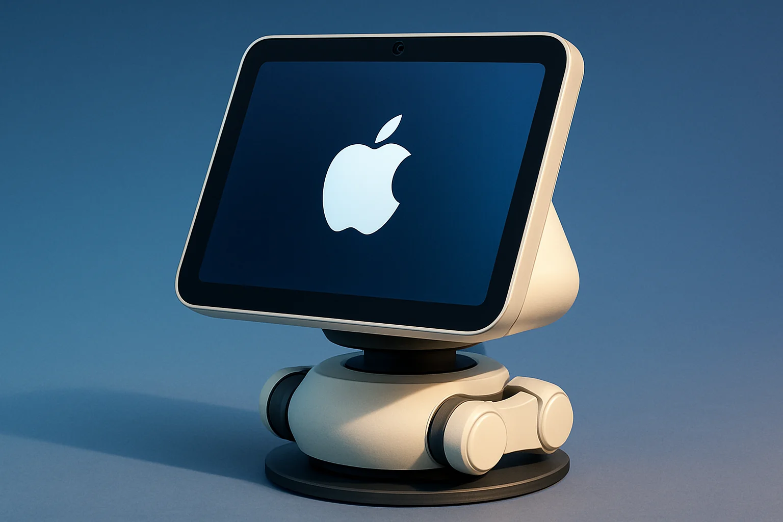 Концепт-изображение умного домашнего хаба Apple с роботизированной поворотной базой, демонстрирующее его современный дизайн.