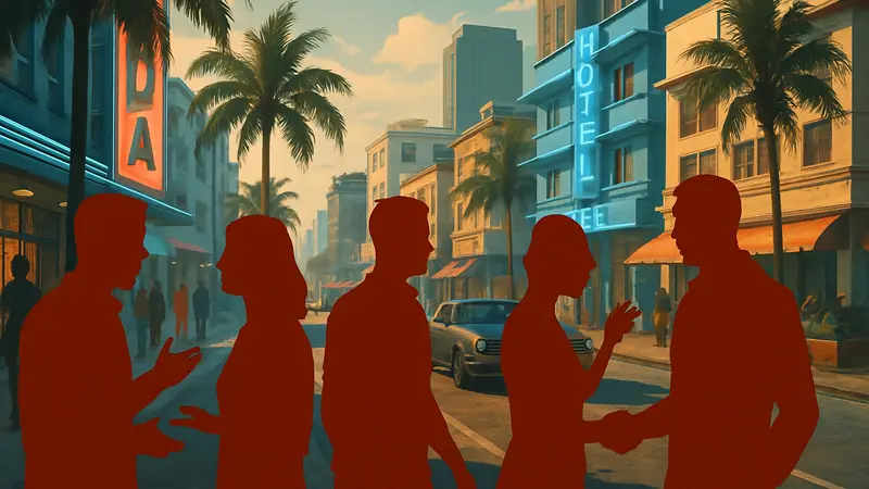 Изображение из GTA 6, показывающее взаимодействующих NPC в оживленном городе Leonida.