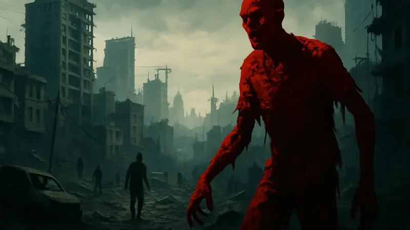 Мрачный скриншот из Dying Light с зомби на фоне разрушенного города, демонстрирующий симулятор выживания.